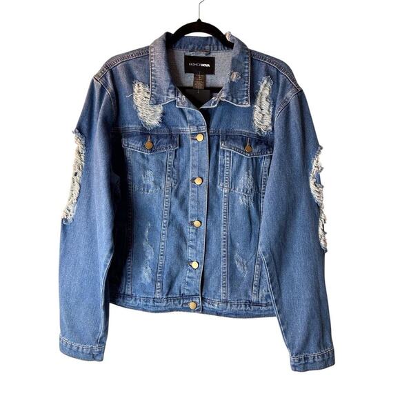Fashion Nova Itz Fray Fray Jacket Medium Blue Wash size 1X Distressed Destroyed - Picture 1 of 13